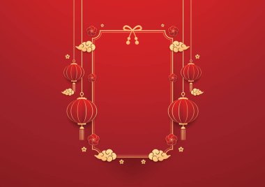 Mutlu Çin Yeni Yılı 2025. Çin yeni yıl afişi. Tebrik kartı. Kırmızı zemin üzerinde fener bulunan Çin çerçevesi.