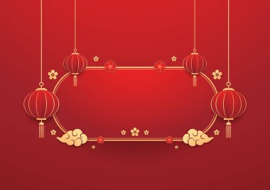 Mutlu Çin Yeni Yılı 2025. Çin yeni yıl afişi. Tebrik kartı. Kırmızı zemin üzerinde fener bulunan Çin çerçevesi.