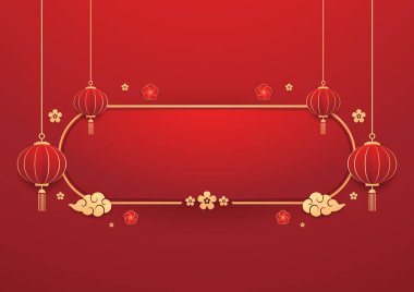 Mutlu Çin Yeni Yılı 2025. Çin yeni yıl afişi. Tebrik kartı. Kırmızı zemin üzerinde fener bulunan Çin çerçevesi.