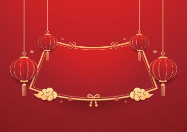Mutlu Çin Yeni Yılı 2025. Çin yeni yıl afişi. Tebrik kartı. Kırmızı zemin üzerinde fener bulunan Çin çerçevesi.
