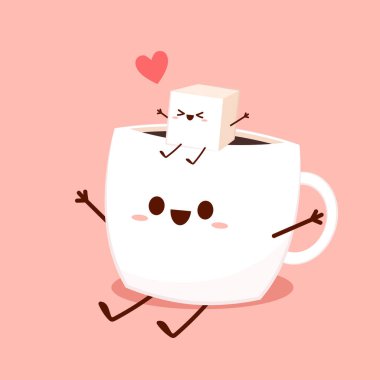 Kahve fincanı ve şeker küpü karakter tasarımı. çizgi film vektörü.