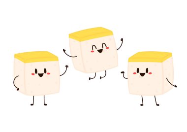 Sarı tofu çizgi filmi. Mutlu şirin gülümsemeli komik tofu. karakter tasarımı. Vejetaryen beslenme, sağlıklı yiyecekler..