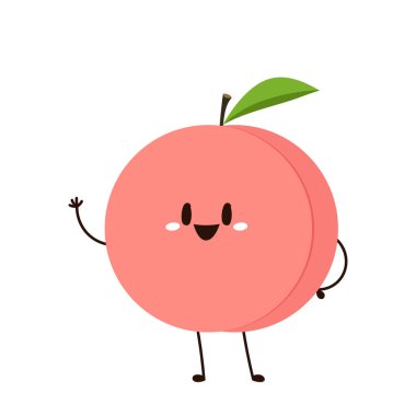 Şeftali çizgi film vektörü. Yaprak ikonlu şeftali. Beyaz arkaplanda kalp şeklinde şeftali meyveleri var. Çiftlik, doğal yiyecek, taze meyve..