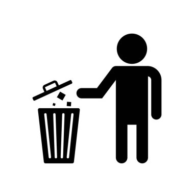 Adam beyaz arkaplana çöp taşıyıcı katı simge tasarımı fırlatıyor. Çöp Kutusu, Çöp, Geri Dönüşüm, İşareti Temizle.