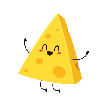 Sevimli peynir karakteri. Düz stil komik yemek simgesi. Süt emojisi vektör illüstrasyonu.