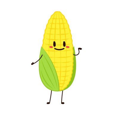 Mısır karikatürü vektörü. Beyaz üzerine izole edilmiş şirin bir sebze vektörü karakteri. Mısır maskotu..