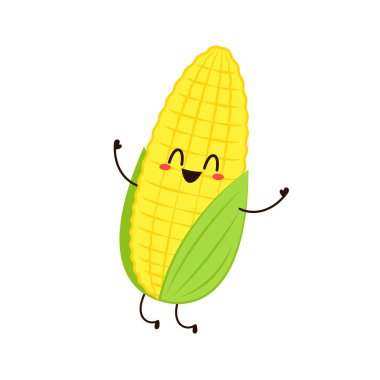 Mısır karikatürü vektörü. Beyaz üzerine izole edilmiş şirin bir sebze vektörü karakteri. Mısır maskotu..