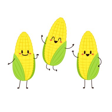 Mısır karikatürü vektörü. Beyaz üzerine izole edilmiş şirin bir sebze vektörü karakteri. Mısır maskotu..