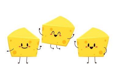 Sevimli peynir karakteri. Düz stil komik yemek simgesi. Süt emojisi vektör illüstrasyonu.