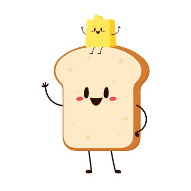 Tost karakteri. Ekmek ve Tereyağı karakter tasarımı. Sevimli Tost çizgi film vektörü.