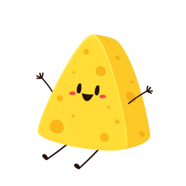 Sevimli peynir karakteri. Düz stil komik yemek simgesi. Süt emojisi vektör illüstrasyonu.