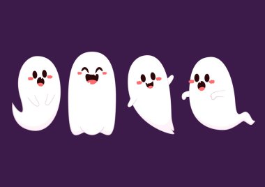 Cadılar Bayramı 'nda şeker mi şaka mı için balkabağı sepeti taşıyan şirin bir hayalet. Tuhaf, ürkünç, yuhalama karakteri. Gülen surat ifadeli hayalet. İzole çocuklar düz vektör çizimi.