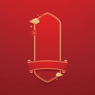 Mutlu Çin Yeni Yılı 2026. Çin yeni yıl afişi. Tebrik kartı. Kırmızı zemin üzerinde fener bulunan Çin çerçevesi.