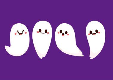 Cadılar Bayramı 'nda yüzen şirin bir hayalet. Tuhaf, ürkünç, yuhalama karakteri. Gülen surat ifadeli hayalet. İzole çocuklar düz vektör çizimi.