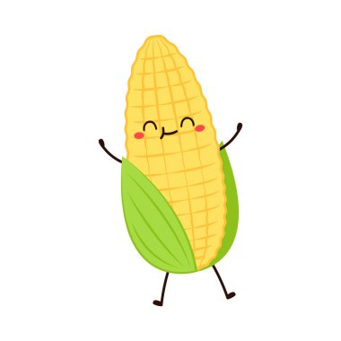 Mısır karikatürü vektörü. Beyaz üzerine izole edilmiş şirin bir sebze vektörü karakteri. Mısır maskotu..