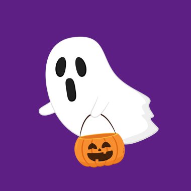 Cadılar Bayramı 'nda yüzen şirin bir hayalet. Tuhaf, ürkünç, yuhalama karakteri. Gülen surat ifadeli hayalet. İzole çocuklar düz vektör çizimi.