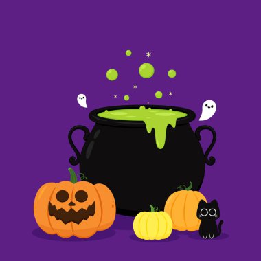 Cadılar Bayramı 'nda şeker mi şaka mı için balkabağı sepeti taşıyan şirin bir hayalet. Tuhaf, ürkünç, yuhalama karakteri. Gülen surat ifadeli hayalet. İzole çocuklar düz vektör çizimi.