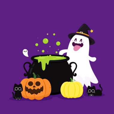 Cadılar Bayramı 'nda şeker mi şaka mı için balkabağı sepeti taşıyan şirin bir hayalet. Tuhaf, ürkünç, yuhalama karakteri. Gülen surat ifadeli hayalet. İzole çocuklar düz vektör çizimi.