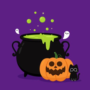 Cadılar Bayramı 'nda şeker mi şaka mı için balkabağı sepeti taşıyan şirin bir hayalet. Tuhaf, ürkünç, yuhalama karakteri. Gülen surat ifadeli hayalet. İzole çocuklar düz vektör çizimi.