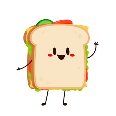 Sandviç karakteri. Sandviç beyaz arka planda izole edilmiş. Atıştırmalıkların vektör çizgi filmi çizimi.