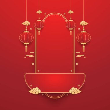 Mutlu Çin Yeni Yılı 2026. Çin yeni yıl afişi. Tebrik kartı. Kırmızı zemin üzerinde fener bulunan Çin çerçevesi.