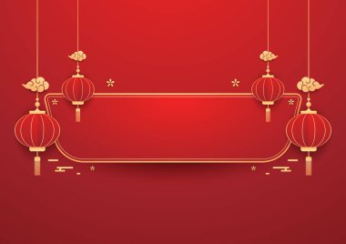 Mutlu Çin Yeni Yılı 2026. Çin yeni yıl afişi. Tebrik kartı. Kırmızı zemin üzerinde fener bulunan Çin çerçevesi.