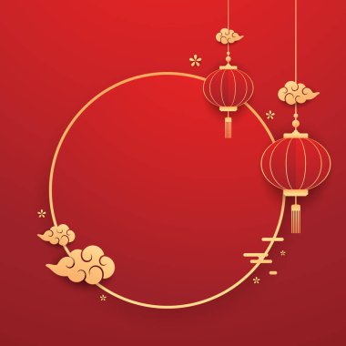 Mutlu Çin Yeni Yılı 2026. Çin yeni yıl afişi. Tebrik kartı. Kırmızı zemin üzerinde fener bulunan Çin çerçevesi.