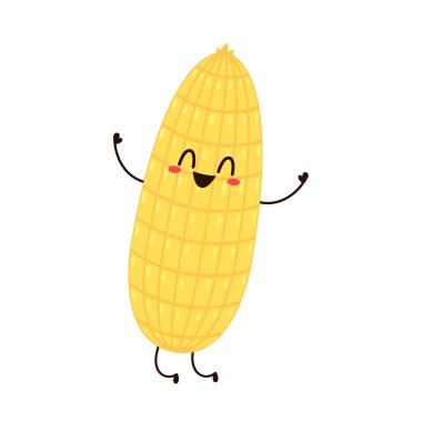 Mısır karikatürü vektörü. Beyaz üzerine izole edilmiş şirin bir sebze vektörü karakteri. Mısır maskotu..