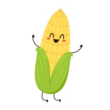 Mısır karikatürü vektörü. Beyaz üzerine izole edilmiş şirin bir sebze vektörü karakteri. Mısır maskotu..