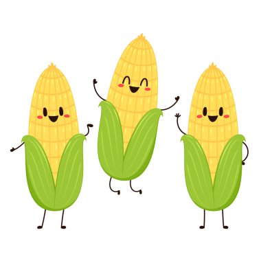 Mısır karikatürü vektörü. Beyaz üzerine izole edilmiş şirin bir sebze vektörü karakteri. Mısır maskotu..