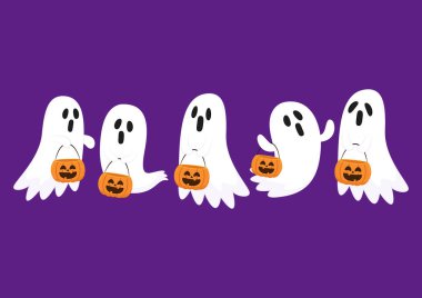 Cadılar Bayramı 'nda yüzen şirin bir hayalet. Tuhaf, ürkünç, yuhalama karakteri. Gülen surat ifadeli hayalet. İzole çocuklar düz vektör çizimi.