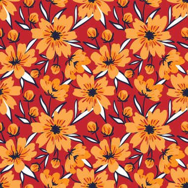 Kırmızı arka planda yaprakları olan sarı çiçeklerin hoş, pürüzsüz deseni..