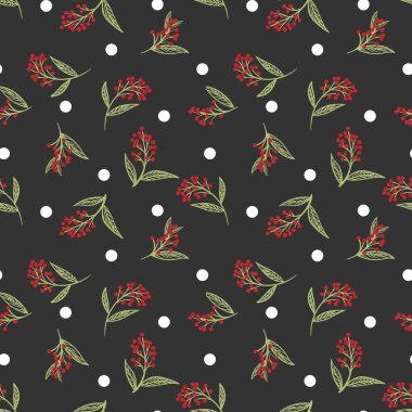 Kırmızı böğürtlenlerin, siyah renkli arka planda beyaz noktalı yaprakları olan hoş, dikişsiz desenleri var..