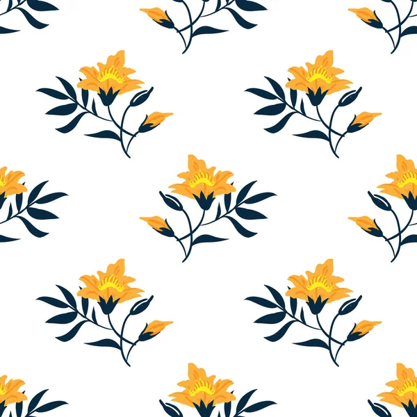 Cute Kwiatowy Bezszwowy Wzór Żółte Kwiaty Liści Białym Tle Koloru — Wektor stockowy