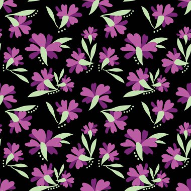 Siyah arka planda yaprakları olan hoş mor çiçek dallarının pürüzsüz deseni.