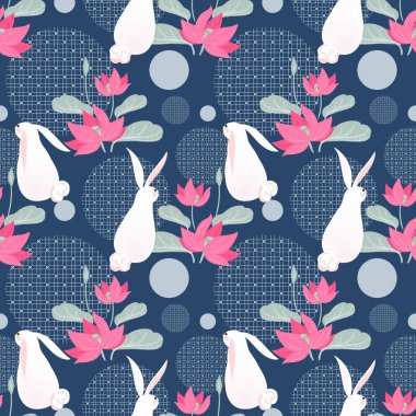 Sonbahar ortası festivali kusursuz desenli şirin tavşanlar ve mavi desenli nilüfer çiçekleri.