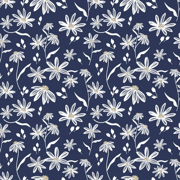 Απρόσκοπτη Μοτίβο Από Χαριτωμένα Κλαδιά Λευκών Λουλουδιών Φύλλα Μπλε Φόντο Διάνυσμα Αρχείου