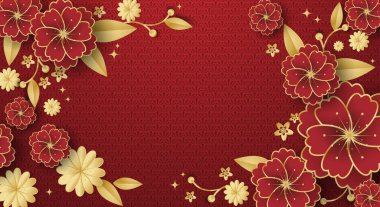 Fotokopi alanınız için kırmızı desenli çerçeveli ve çiçekli Çin pankartı tasarımı. Vektör illüstrasyonu.