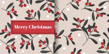 Yılbaşı afişi ve açık renkli arka planda kar taneleri ve Mutlu Noeller metni olan dut dalları. Vektör illüstrasyonu.