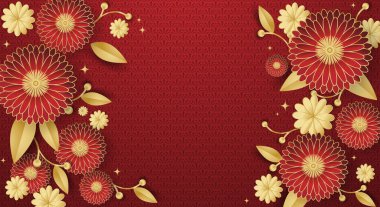 Fotokopi alanınız için kırmızı desenli çerçeveli ve çiçekli Çin pankartı tasarımı. Vektör illüstrasyonu.