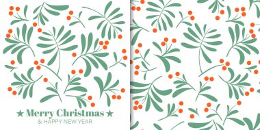 Noel afişi ve beyaz arka planda Mutlu Noeller metni olan dut dallarının pürüzsüz deseni. Vektör illüstrasyonu.