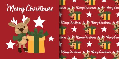 Noel tatili afişi ve hediye kutuları, yıldızlar ve kırmızı arka planda Mutlu Noeller mesajı olan yeşil eşarp takan şirin ren geyiklerinin kusursuz desenleri. Vektör illüstrasyonu.