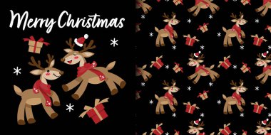 Noel tatili afişi ve kırmızı eşarp takan şirin ren geyikleri ve hediye kutuları, kar taneleri ve siyah arkaplan üzerine Mutlu Noeller metni olan Noel Baba şapkası..