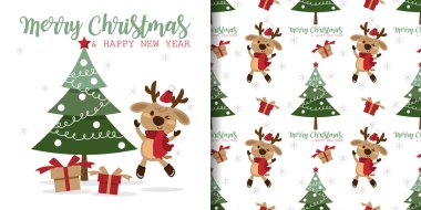 Noel tatili afişi ve kırmızı eşarp takan şirin ren geyikleri ve hediye kutuları, kar taneleri, Noel ağacı ve Mutlu Noeller mesajı olan Noel Baba şapkası..