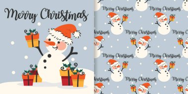 Noel bayramı afişi Mutlu Noeller mesajı ve kusursuz şirin kardan adam şablonu Noel Baba şapkası giyin hediye kutuları ve kar taneleri arkaplanlı kutular..