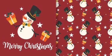 Noel bayramı afişi Mutlu Noeller mesajı ve kusursuz şirin kardan adam desenli siyah şapka giyip hediye kutuları ve yıldız arkaplanlı çoban üzümü kolları takın..