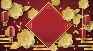 Kırmızı desenli fotokopi alanınız için kırmızı fenerli Çin bayrağı çiçeklere asılı. Çin Yeni Yılı için tasarım, Ay Yeni Yılı, Sonbahar ortası Festivali. Vektör illüstrasyonu