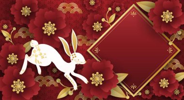 Fotokopi alanınız için kırmızı çerçeveli bir tavşanlı Çin festivali afişi. Kırmızı desenli ve çiçekli. Çin Yeni Yılı için tasarım, Ay Yeni Yılı, Sonbahar ortası Festivali. Vektör illüstrasyonu.