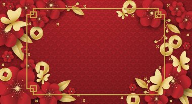 Altın sikkeler ve kelebeklerle kırmızı desenli arka planda kopya alanınız için altın çerçeveli Çin festivali afişi. Çin Yeni Yılı, Ay Yeni Yılı, Sonbahar ortası Festivali. Vektör illüstrasyonu.