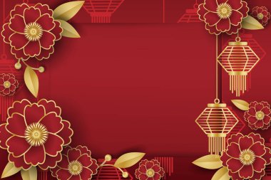 Kırmızı desenli arka planda Çin tarzı fener ve kırmızı çiçek pankartı ve fotokopi alanınızın çerçevesi. Çin Yeni Yılı, Ay Yeni Yılı, Sonbahar ortası Festivali. Vektör illüstrasyonu.